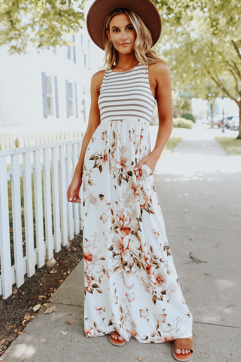 White Striped Floral Print Sleeveless Maxi Dress with Pocket