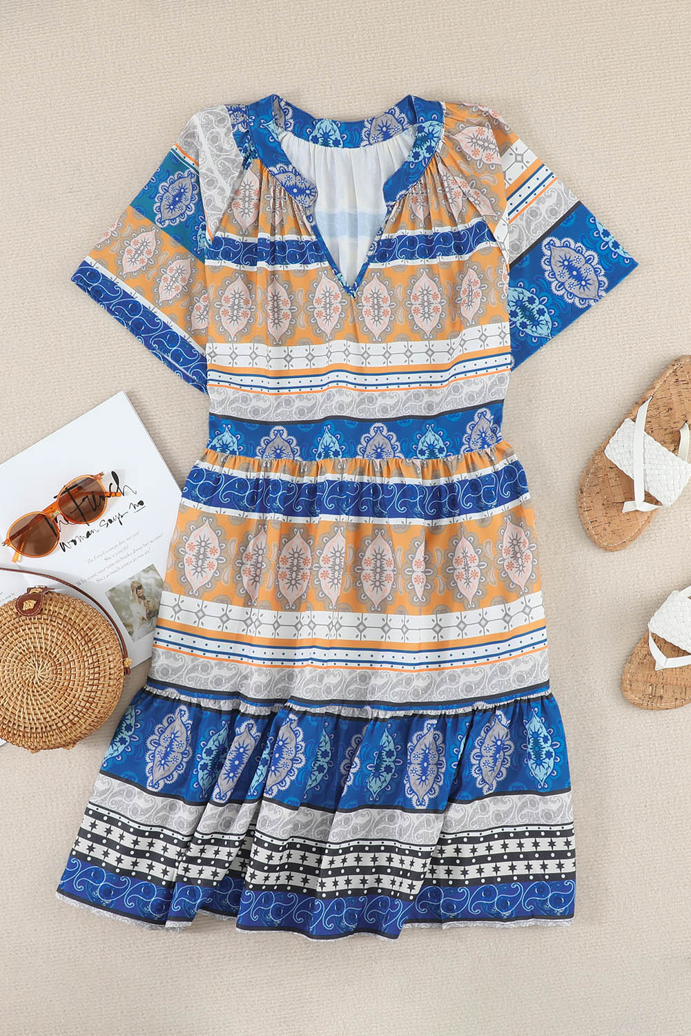 Beige Accent Color Block Bohemian Print Short Sleeve Mini Dress