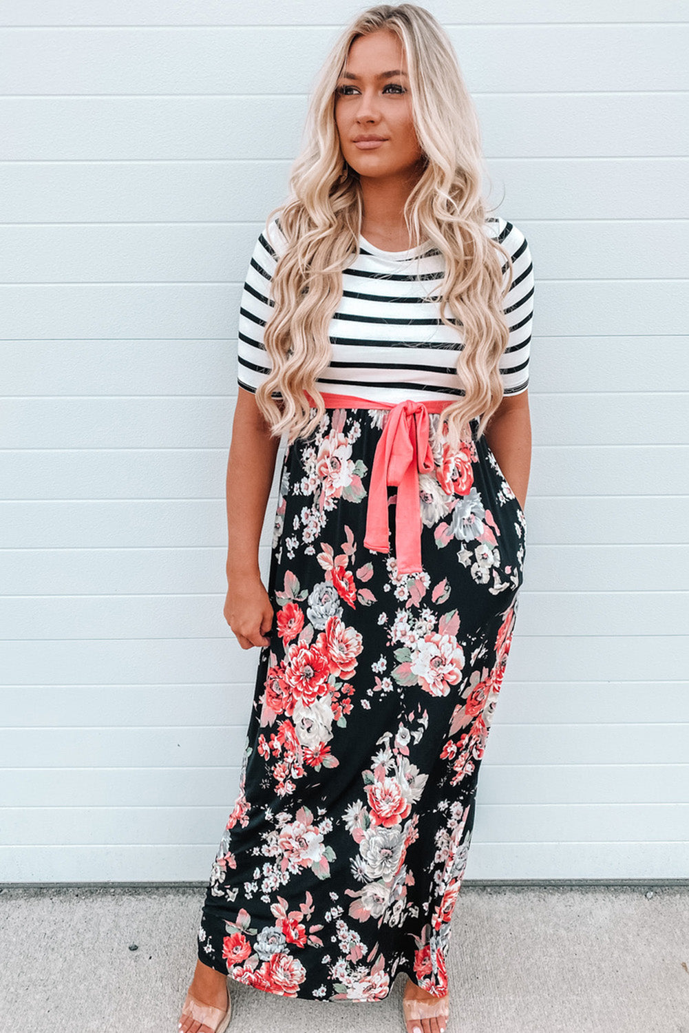 Floral Striped Color Block Lace-up High Waist Maxi Dress