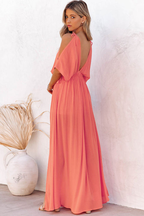 Orange Cold Shoulder Side Slit Backless Deep V Neck Maxi Dress