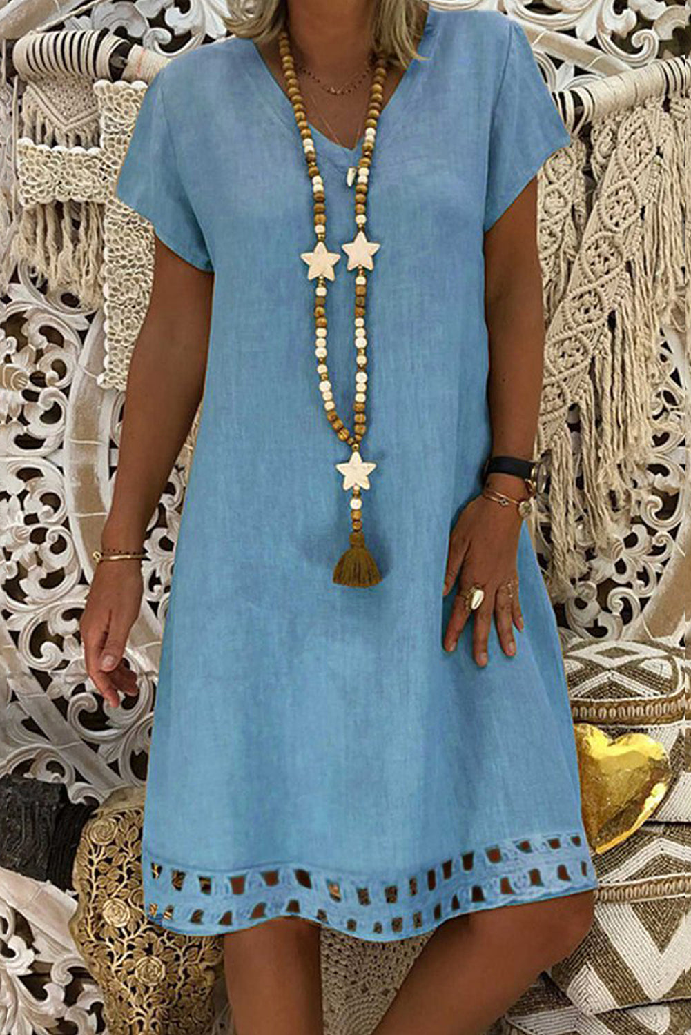 Black V Neck Short Sleeve Hollow-out Hem Midi Dress