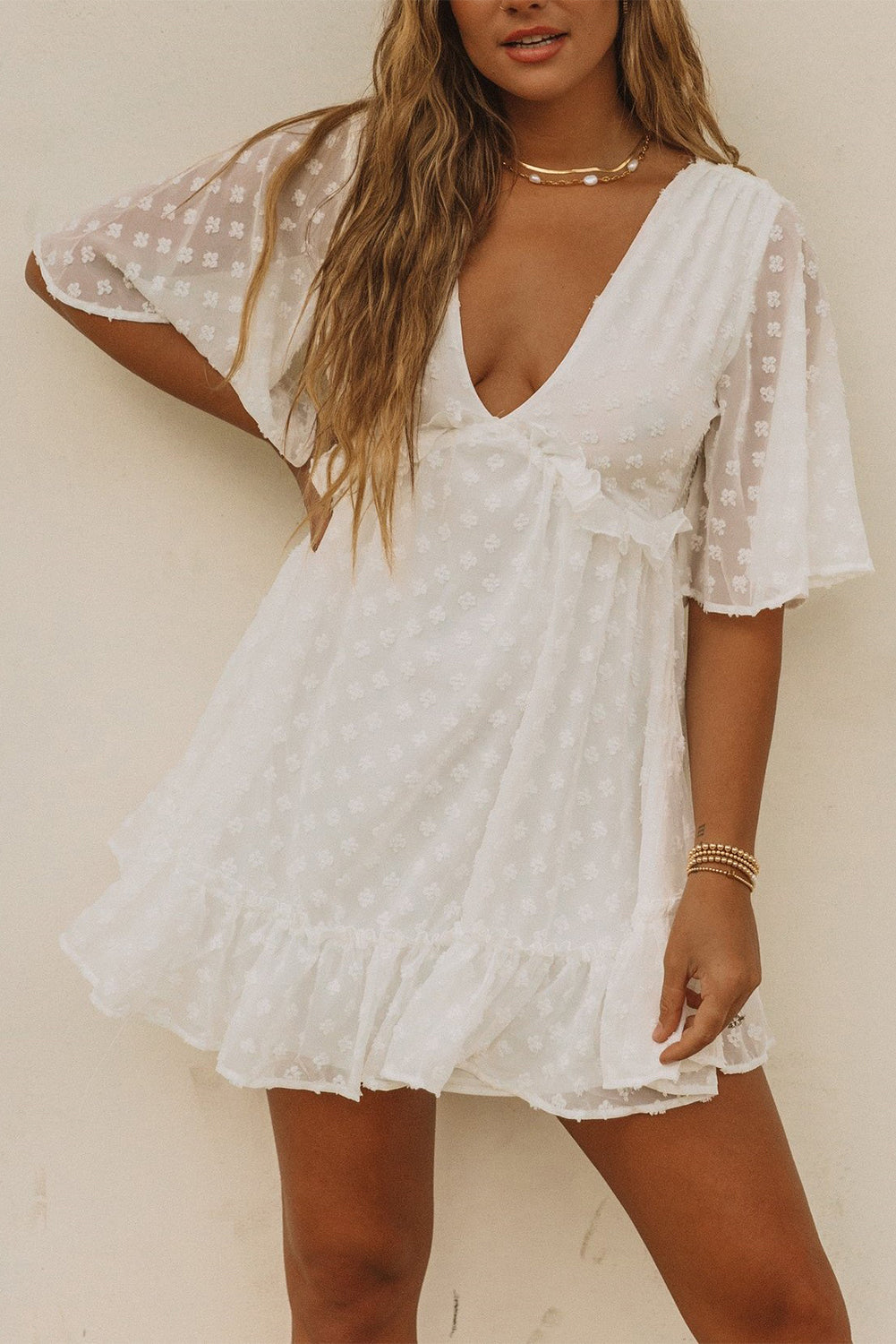 Swiss Dot Ruffled Deep V Neck High Waist Mini Dress