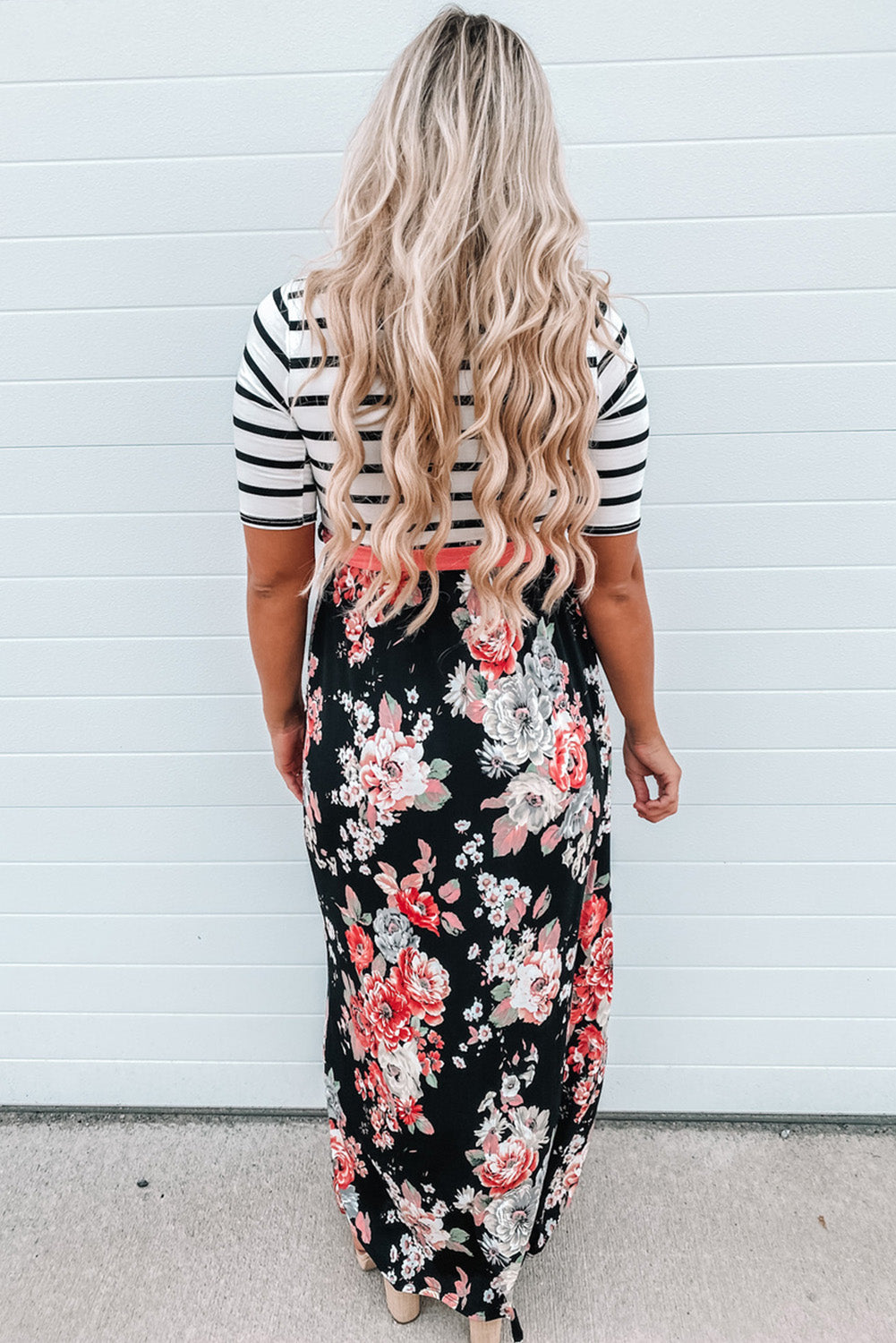 Floral Striped Color Block Lace-up High Waist Maxi Dress