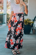 Floral Striped Color Block Lace-up High Waist Maxi Dress