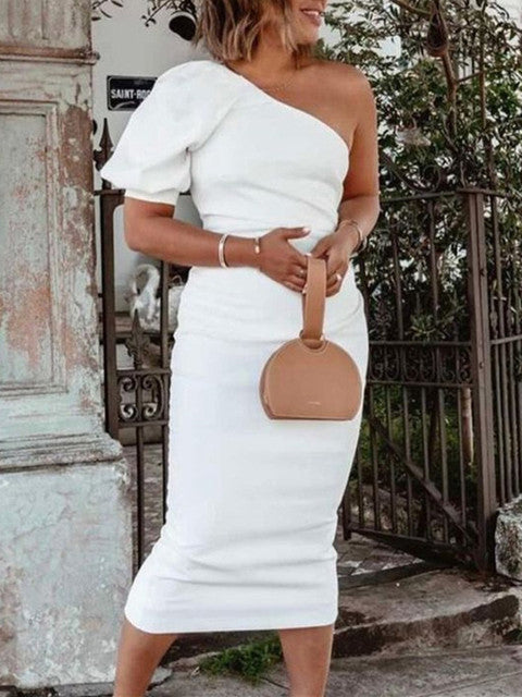 One Shoulder Bodycon Dresses Elegant Evening Party White Outfits