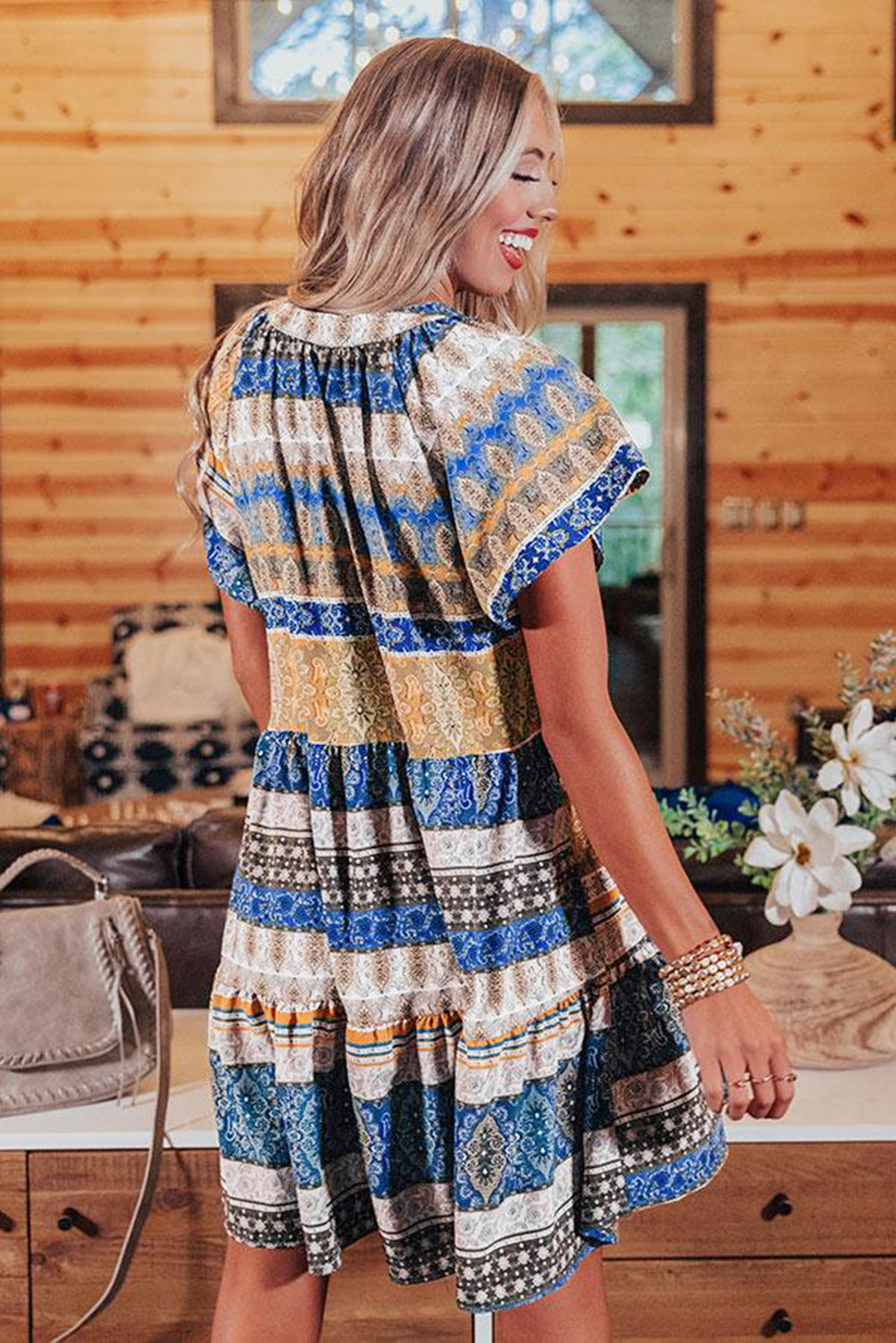 Beige Accent Color Block Bohemian Print Short Sleeve Mini Dress
