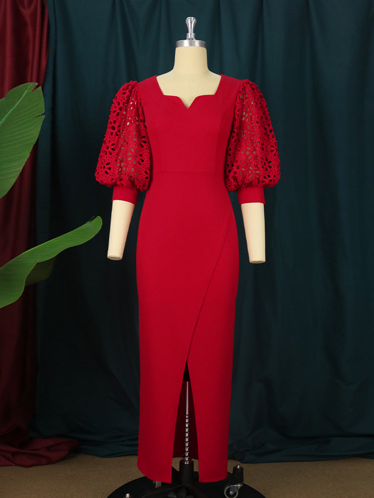 Red Dresses Long Prom Half Lantern Lace Sleeve Sexy Bodycon Slit Evening Outfits