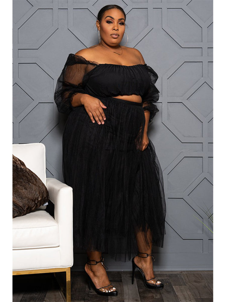 Black Two Piece Polka Dot Plus Size Sets Tube Tops Blouse