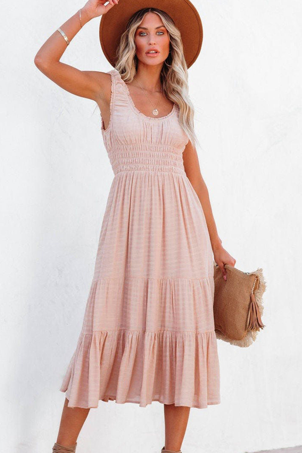 Apricot Smocked Ruched Sleeveless High Waist Midi Dress