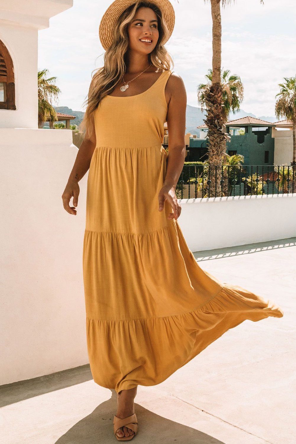 Yellow Sleeveless Ruched High Waist Maxi Dress