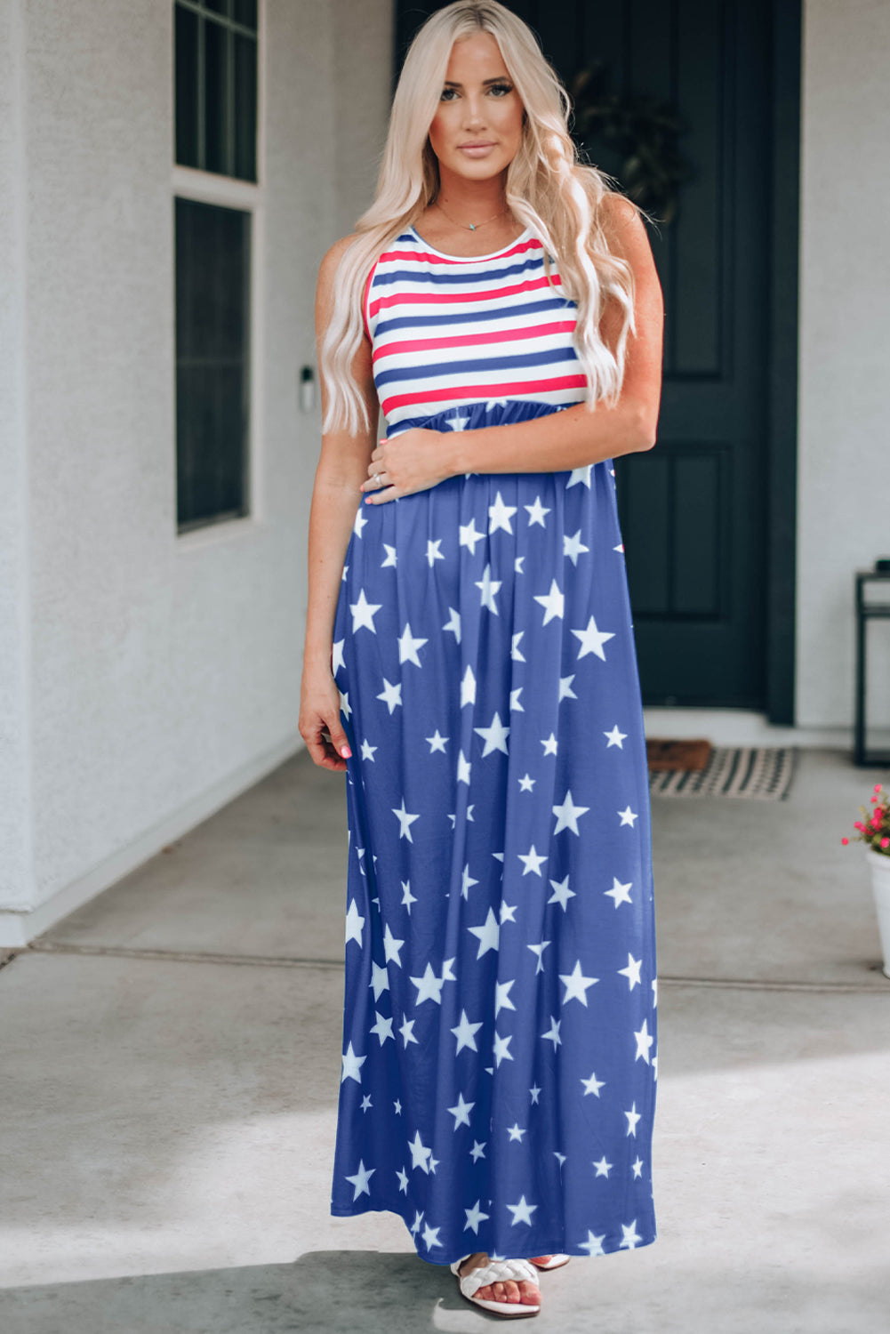 Blue Stripes and Stars Sleeveless Maxi Dress with Pockets