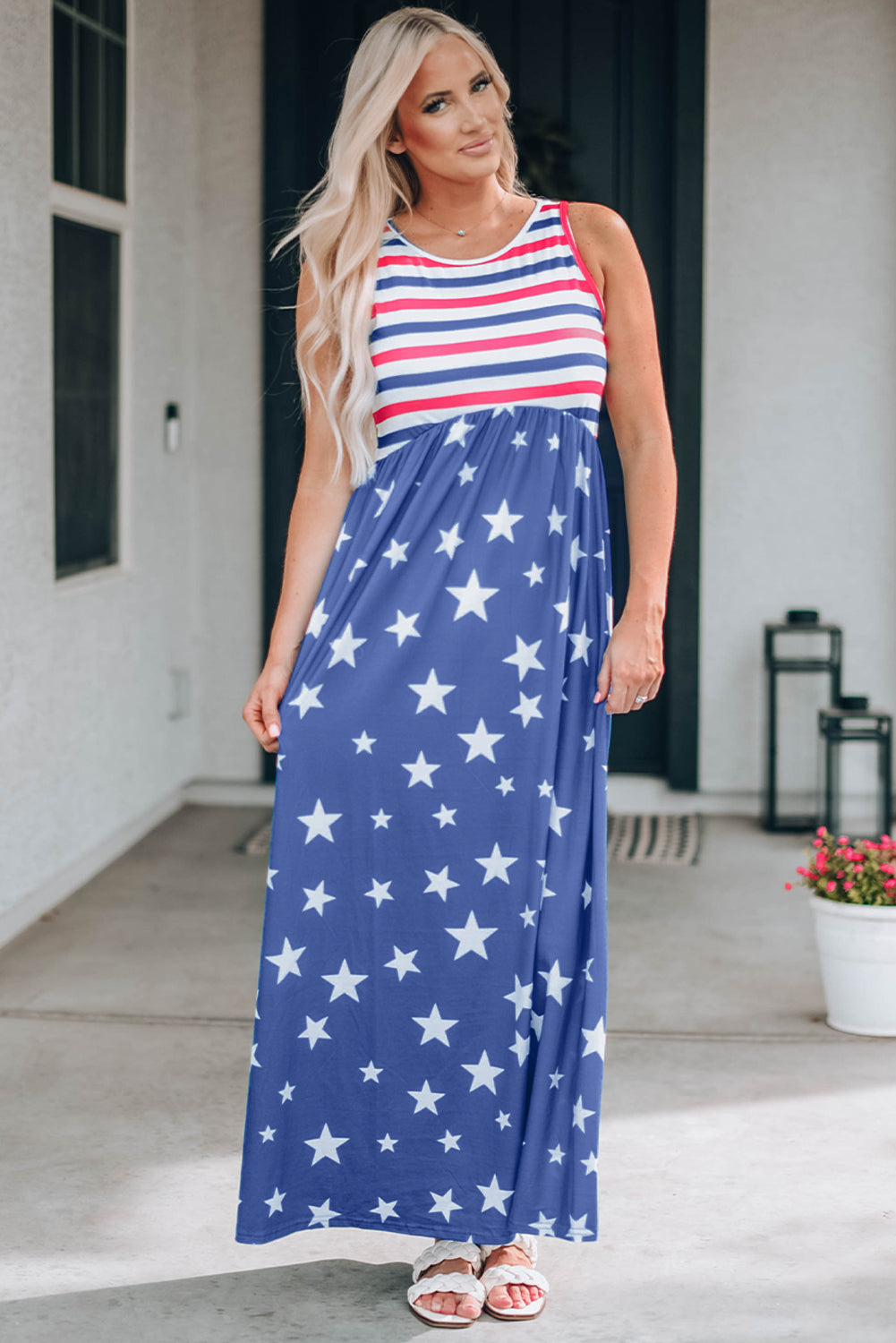 Blue Stripes and Stars Sleeveless Maxi Dress with Pockets