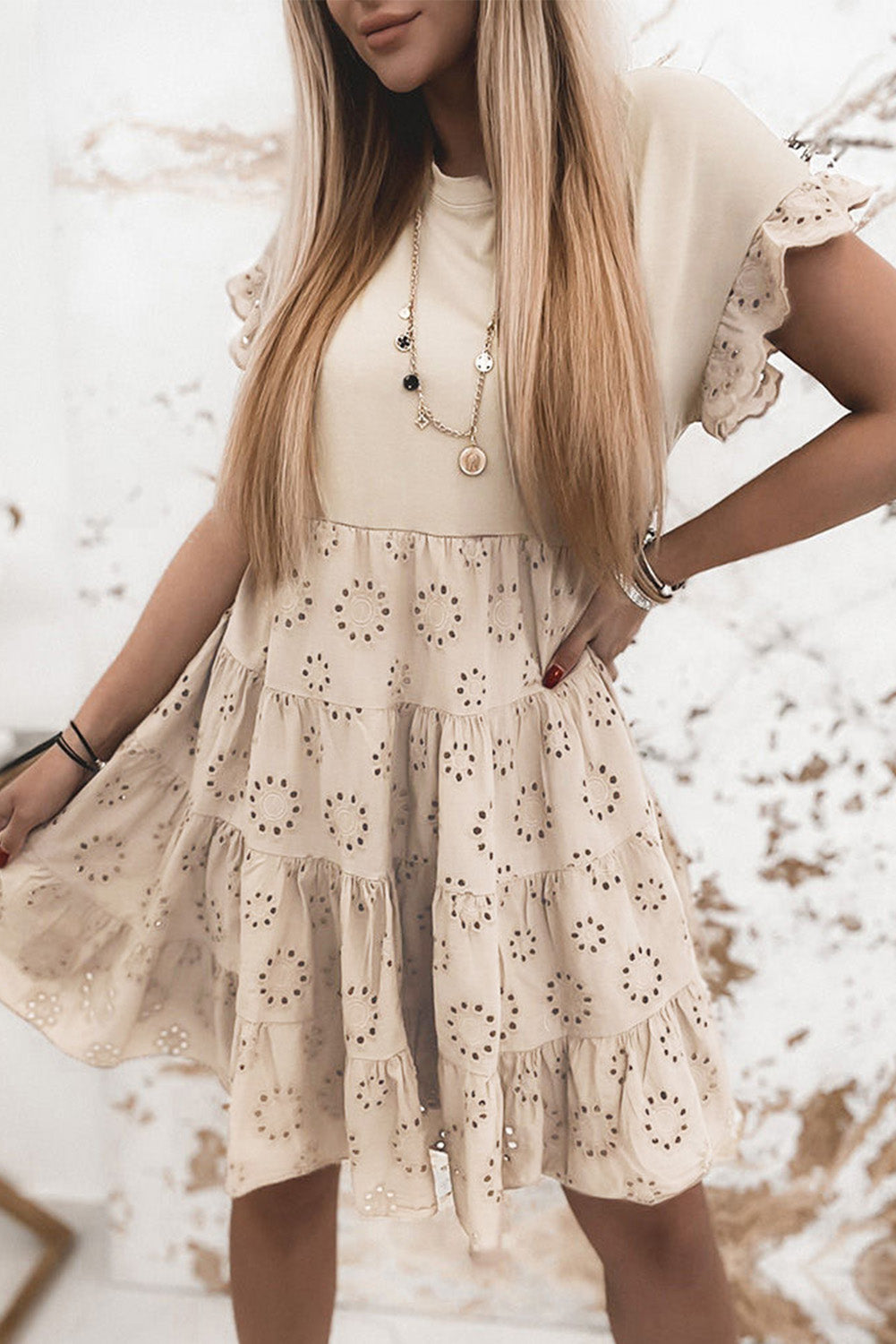 Khaki Eyelet Pattern Tiered Short Dress