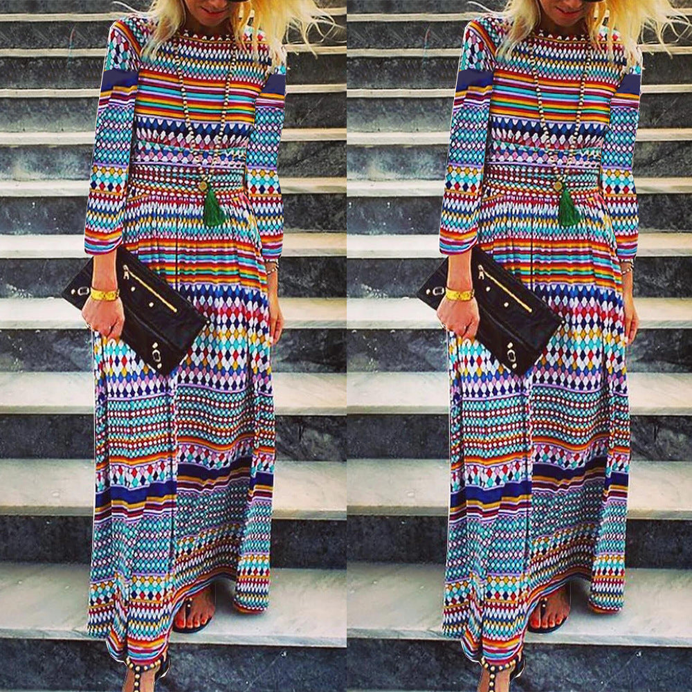 Women Boho Printed Beach Casual Long Sleeve Loose Maxi Dress