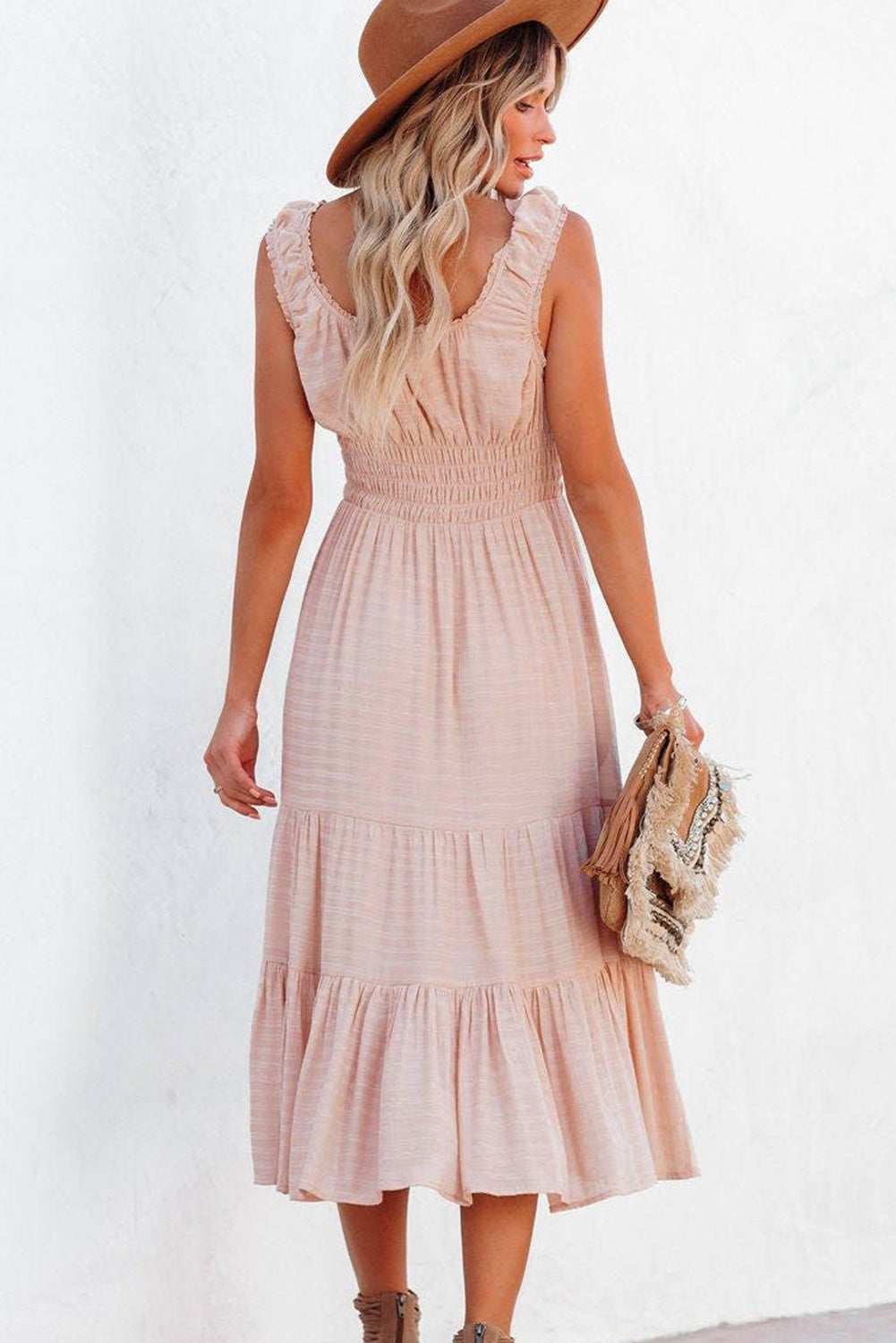 Apricot Smocked Ruched Sleeveless High Waist Midi Dress