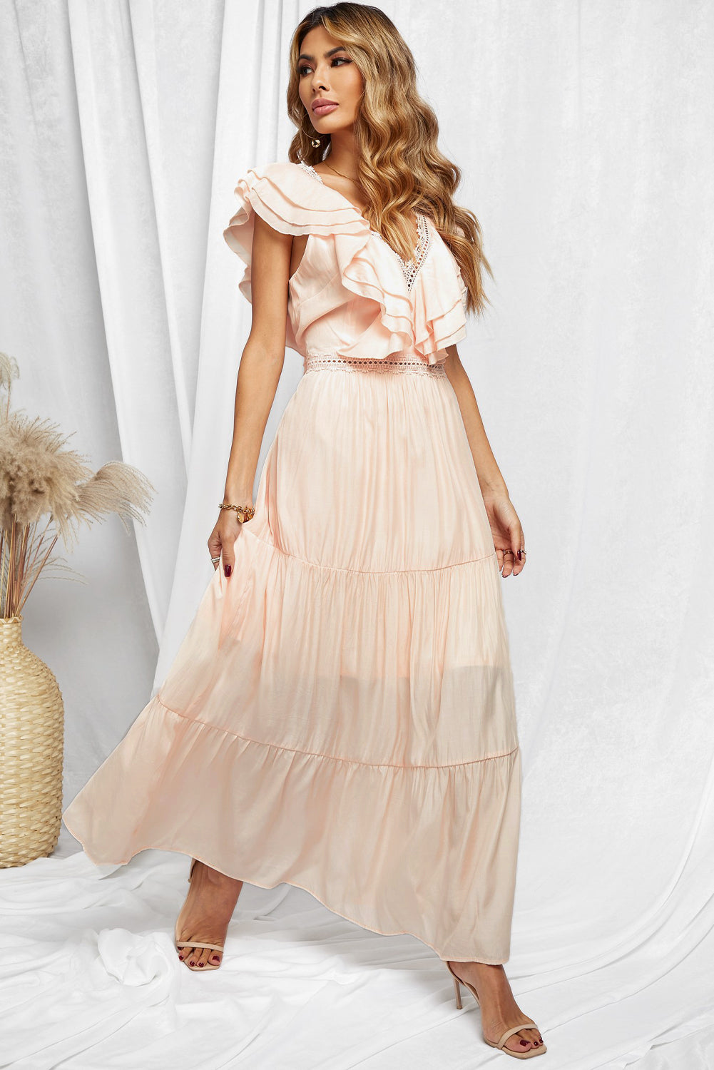Pink Lace Splicing Ruffled Deep V Neck Maxi Dress