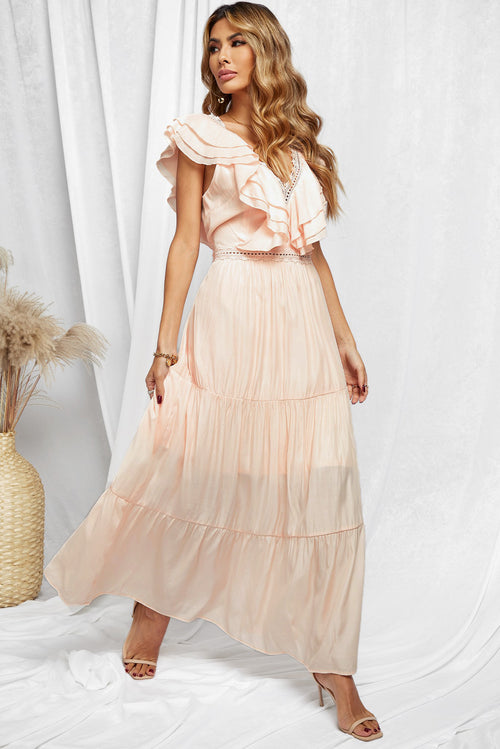 Pink Lace Splicing Ruffled Deep V Neck Maxi Dress
