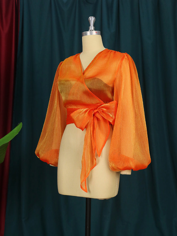Plus Size Blouses Sexy V Neck Long Lantern Sleeve Shinny Women Short Shirts