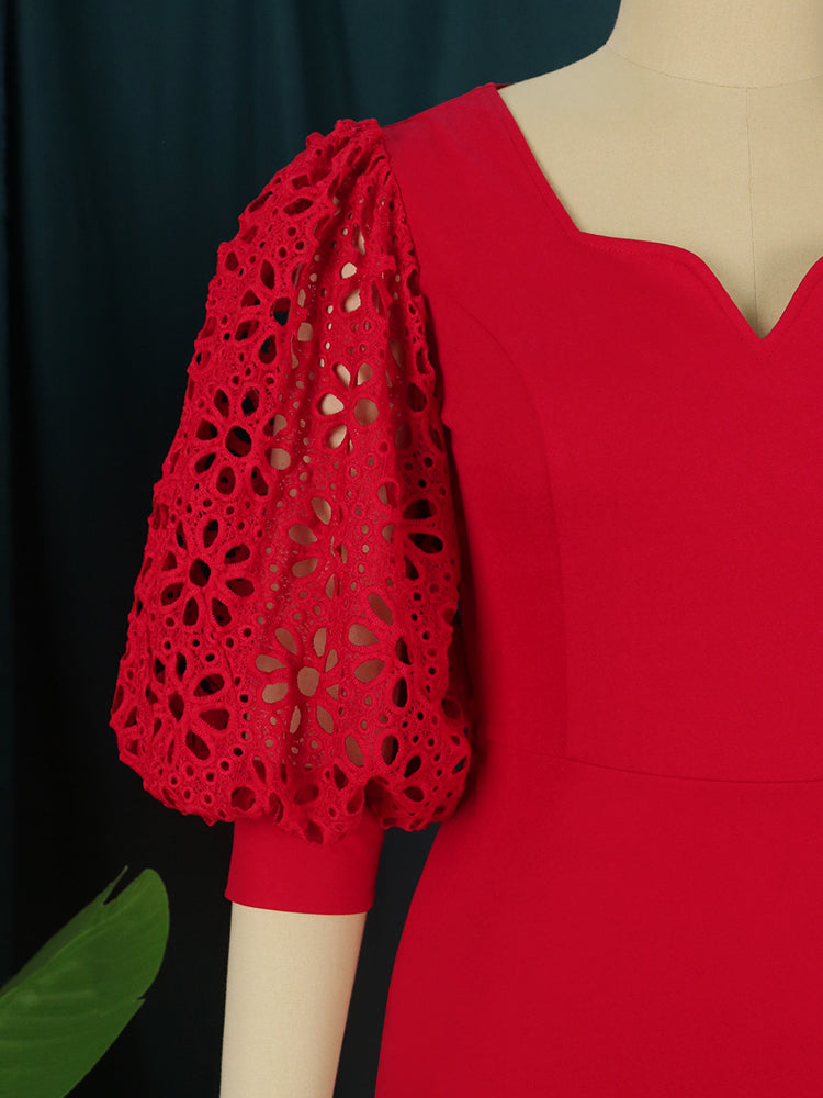 Red Dresses Long Prom Half Lantern Lace Sleeve Sexy Bodycon Slit Evening Outfits