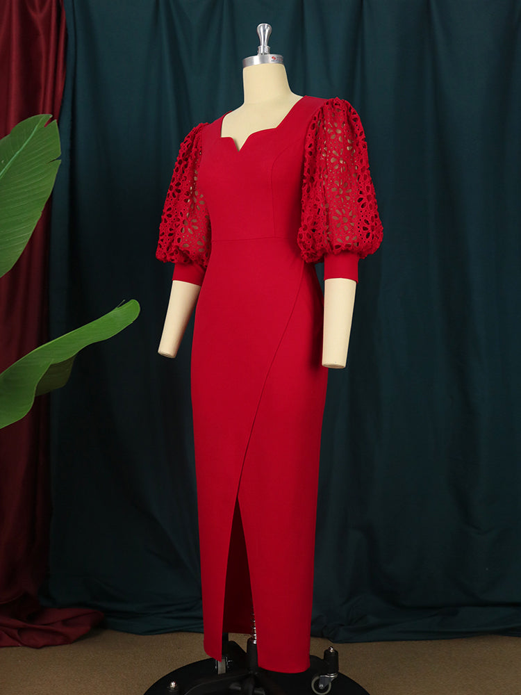 Red Dresses Long Prom Half Lantern Lace Sleeve Sexy Bodycon Slit Evening Outfits