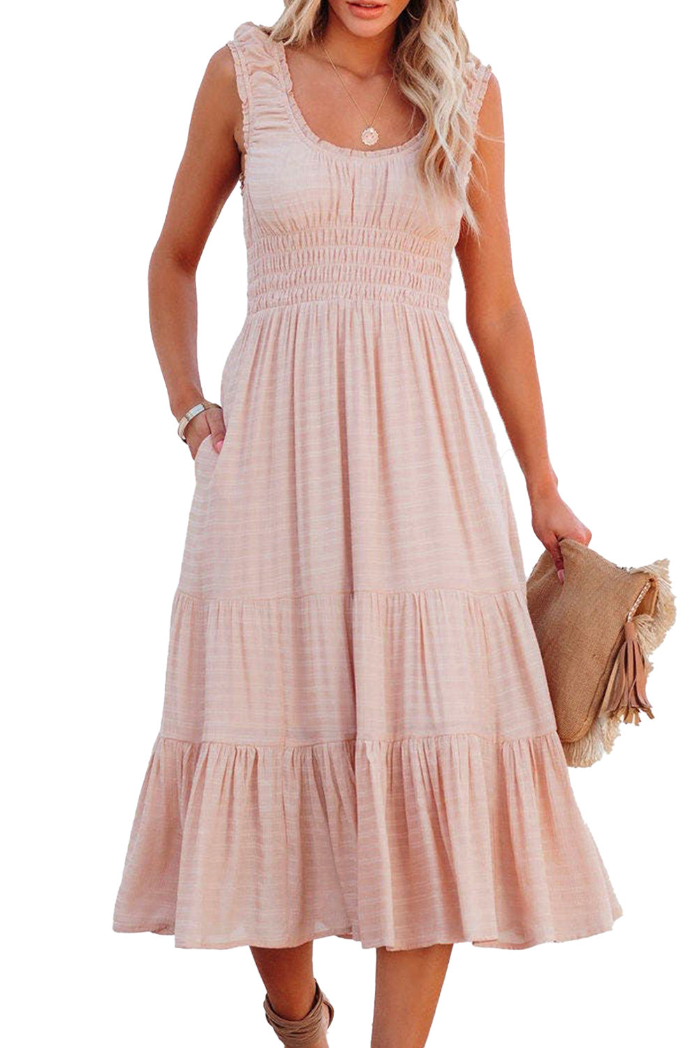 Apricot Smocked Ruched Sleeveless High Waist Midi Dress