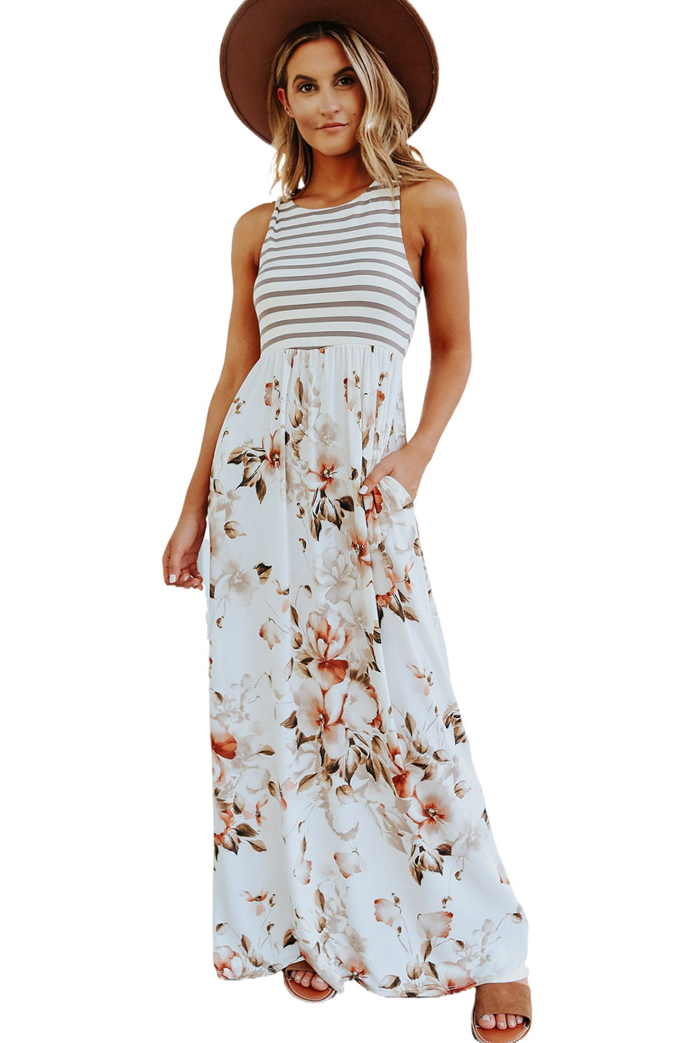 White Striped Floral Print Sleeveless Maxi Dress with Pocket