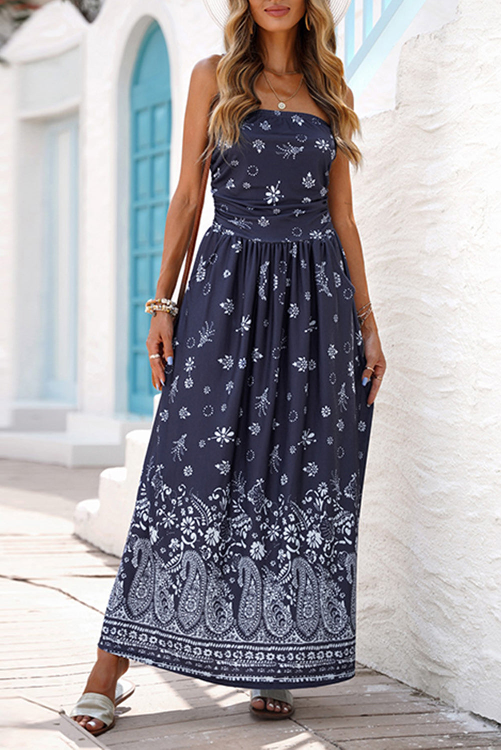 Blue Bohemian Bandeau Floral Print Maxi Dress