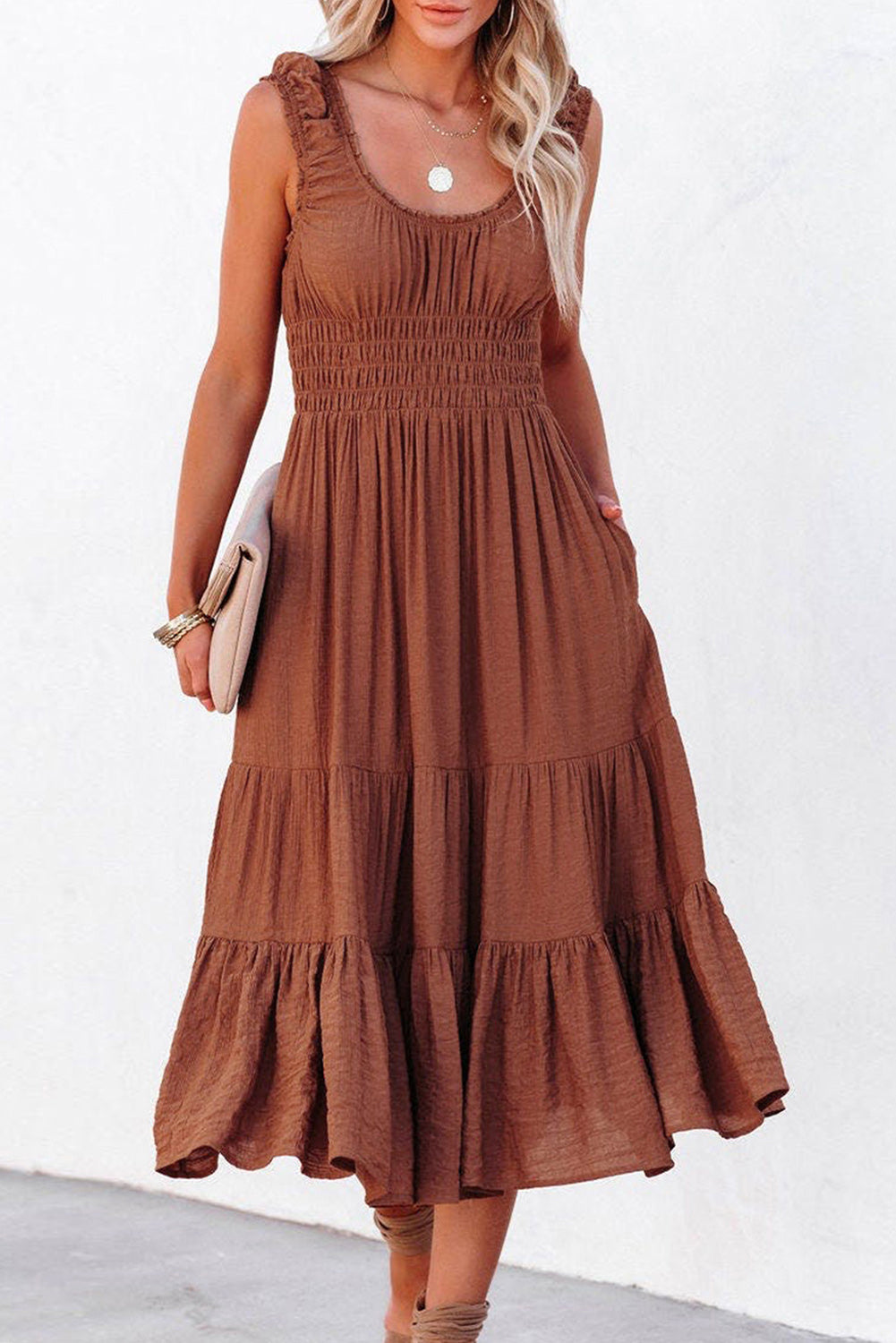 Apricot Smocked Ruched Sleeveless High Waist Midi Dress