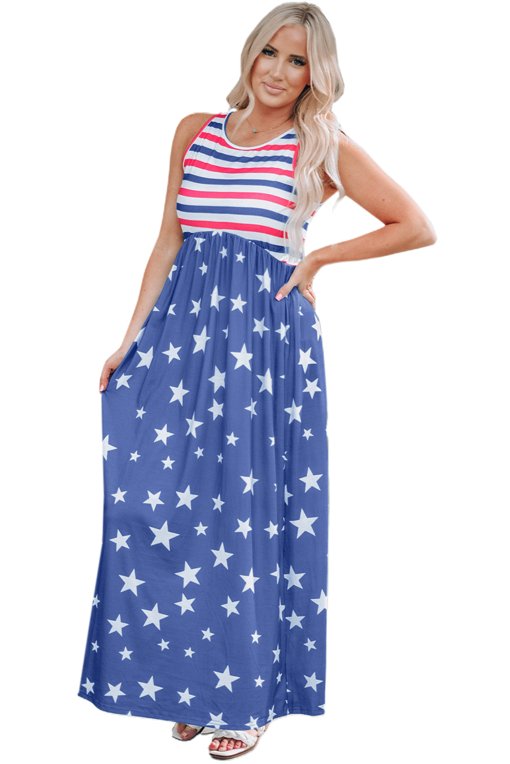 Blue Stripes and Stars Sleeveless Maxi Dress with Pockets