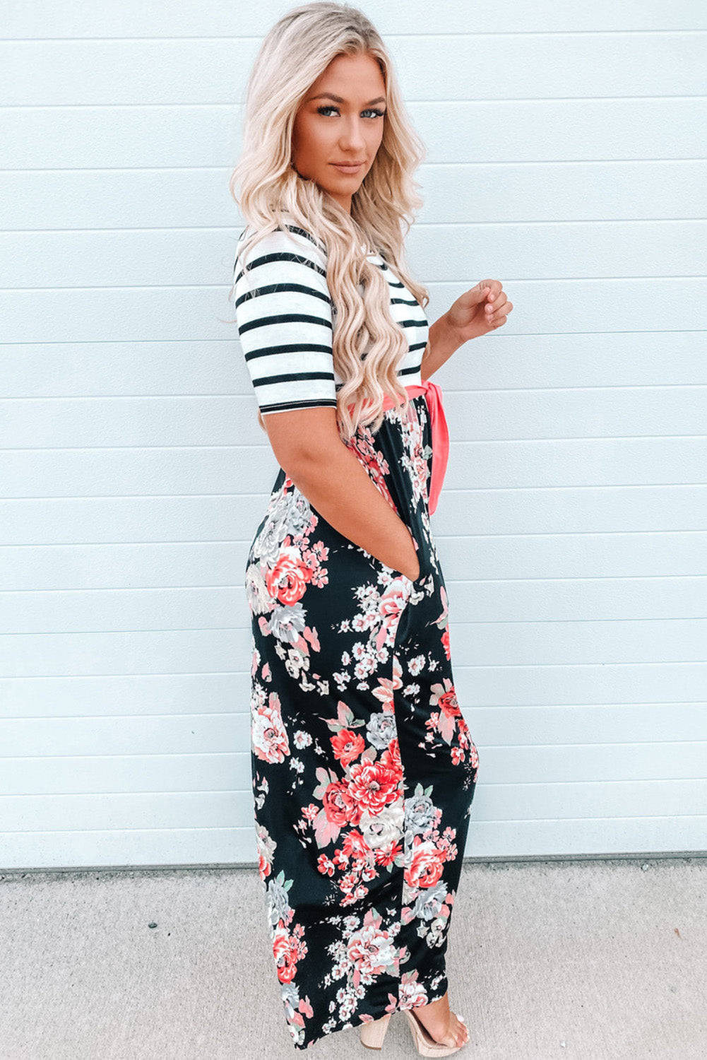 Floral Striped Color Block Lace-up High Waist Maxi Dress