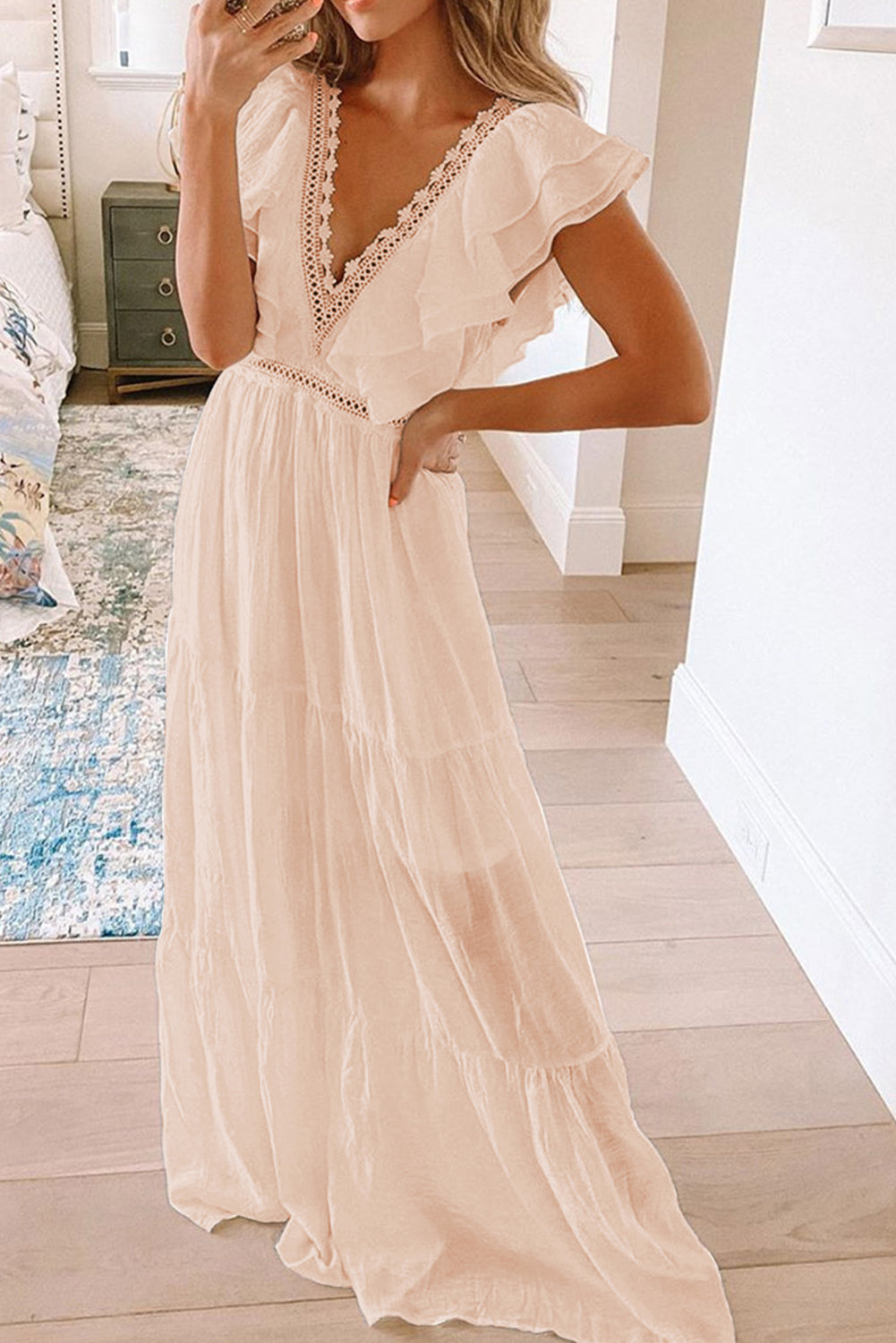 Pink Lace Splicing Ruffled Deep V Neck Maxi Dress