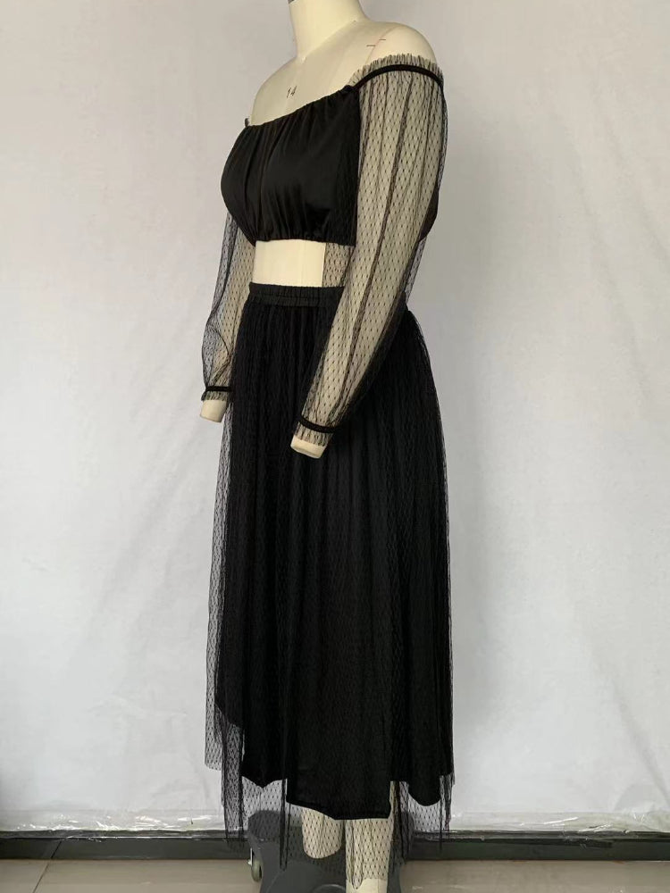 Black Two Piece Polka Dot Plus Size Sets Tube Tops Blouse