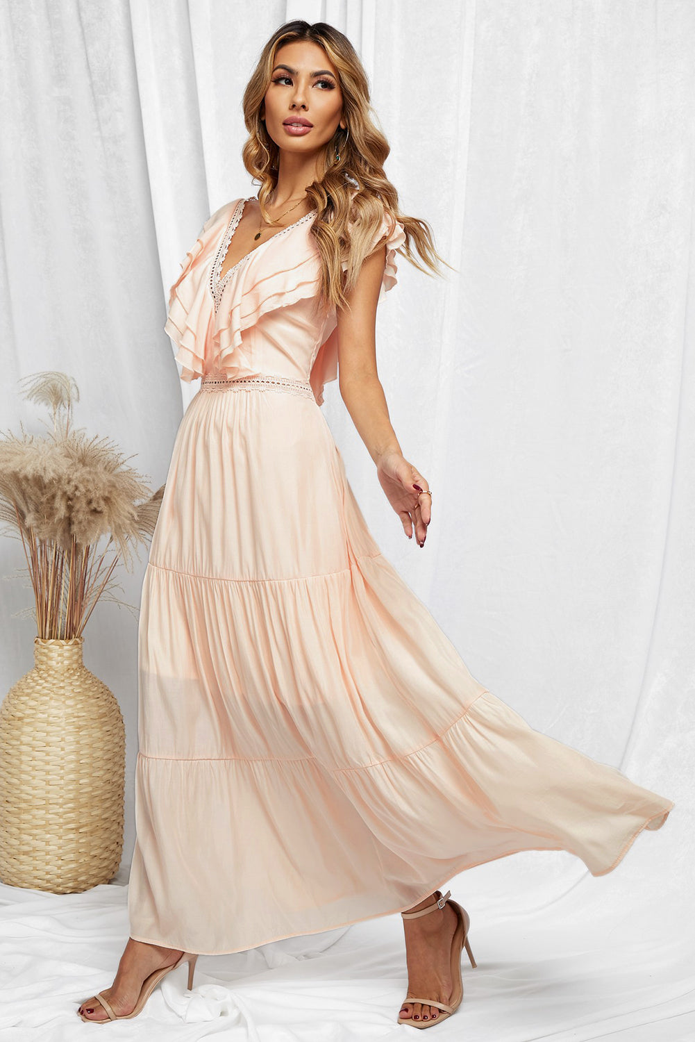 Pink Lace Splicing Ruffled Deep V Neck Maxi Dress