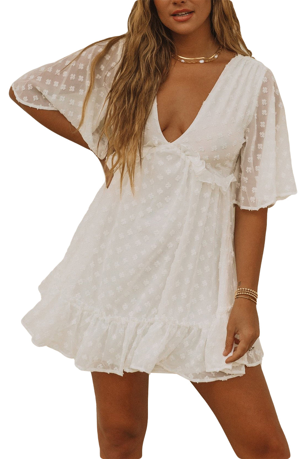 Swiss Dot Ruffled Deep V Neck High Waist Mini Dress