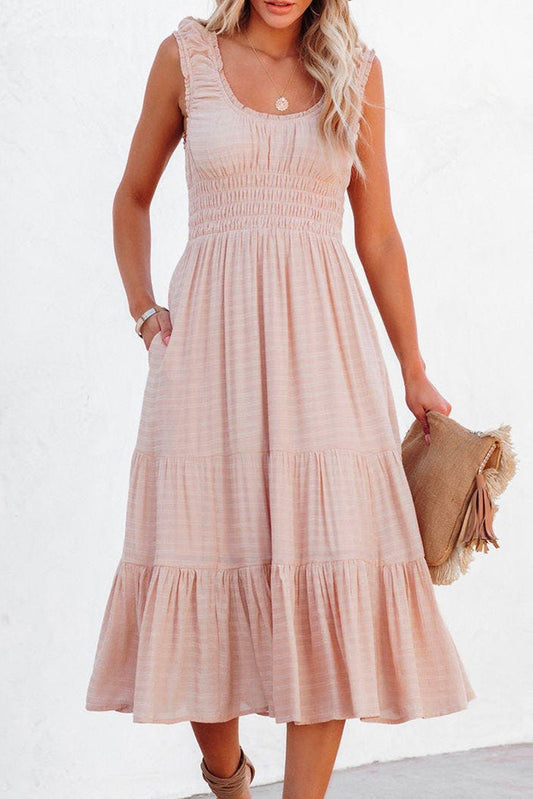 Apricot Smocked Ruched Sleeveless High Waist Midi Dress