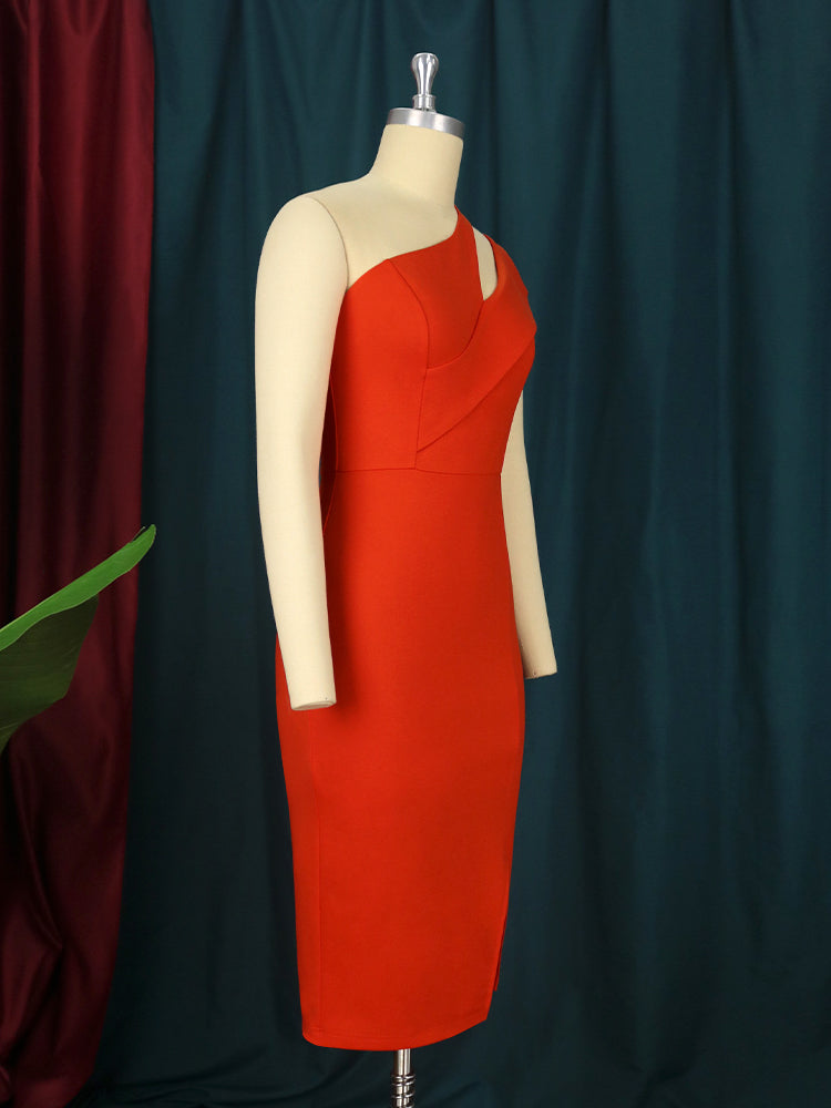 One Shoulder Dresses Plus Size Orange Red Sexy Cocktail Party Gowns