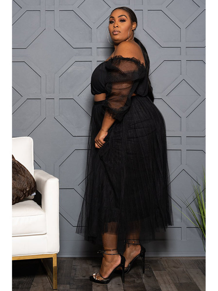 Black Two Piece Polka Dot Plus Size Sets Tube Tops Blouse