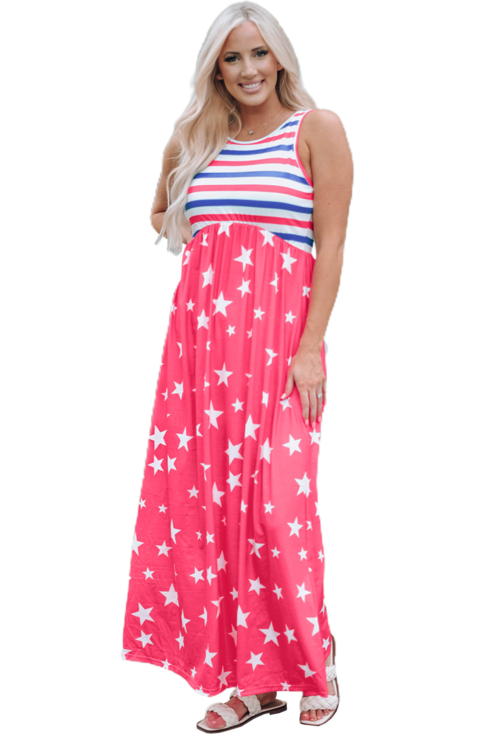 Red Stripes and Stars Sleeveless Maxi Dress with Pockets