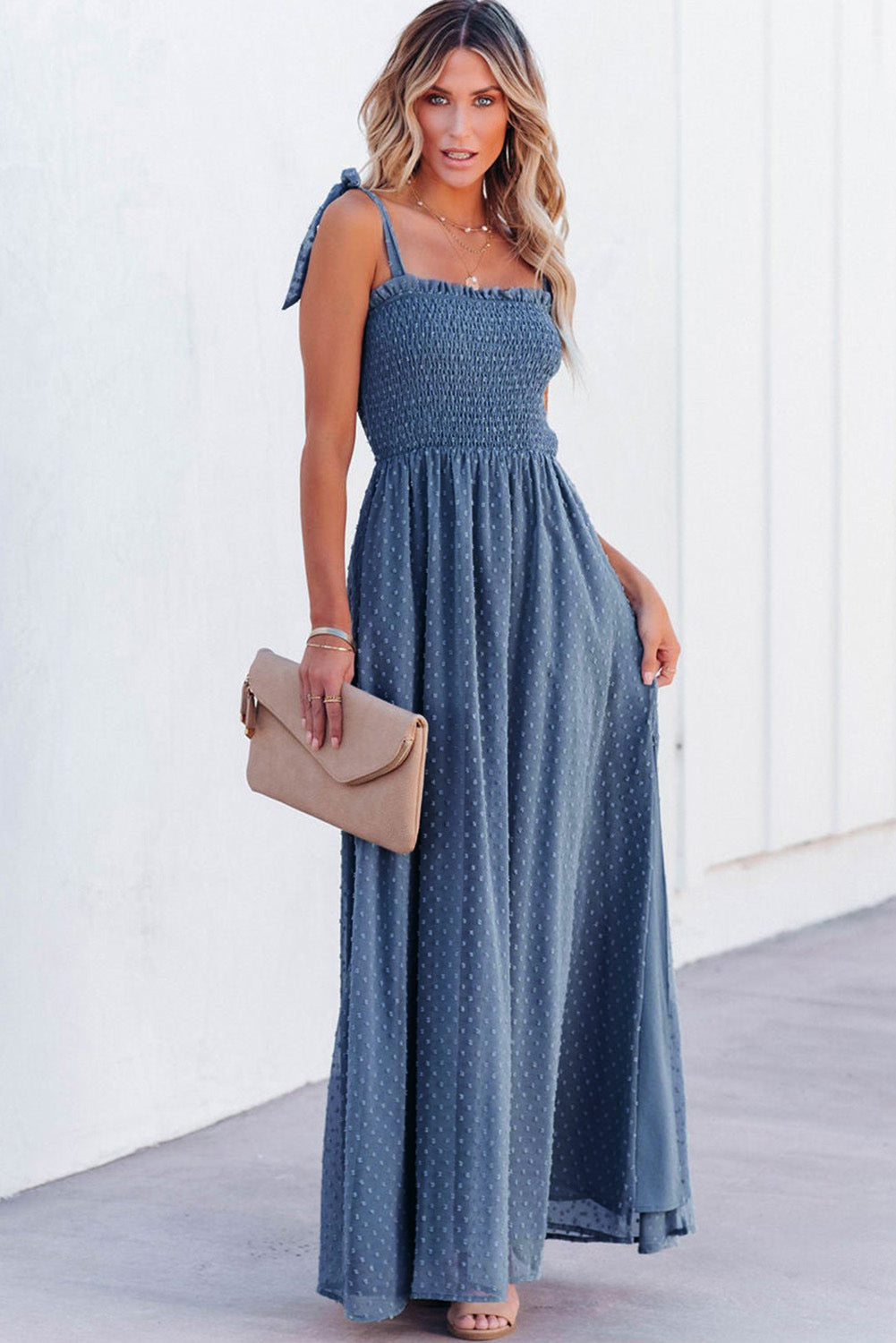 Sky Blue Smocked Swiss Dot Maxi Dress