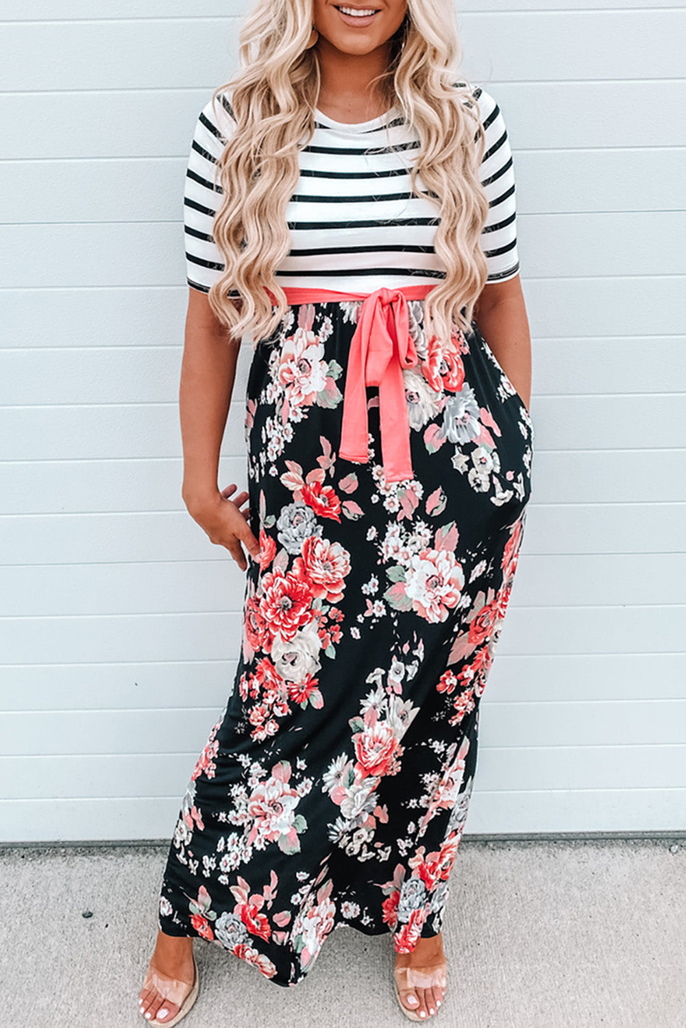 Floral Striped Color Block Lace-up High Waist Maxi Dress