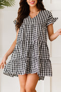 Black Ruffled Short Sleeves Plaid Print Tiered Swing Dress
