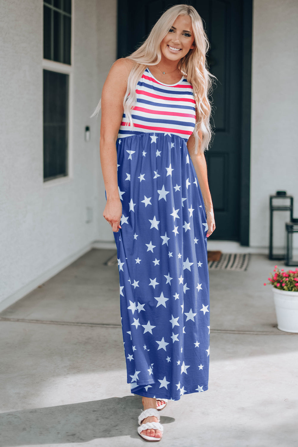 Blue Stripes and Stars Sleeveless Maxi Dress with Pockets