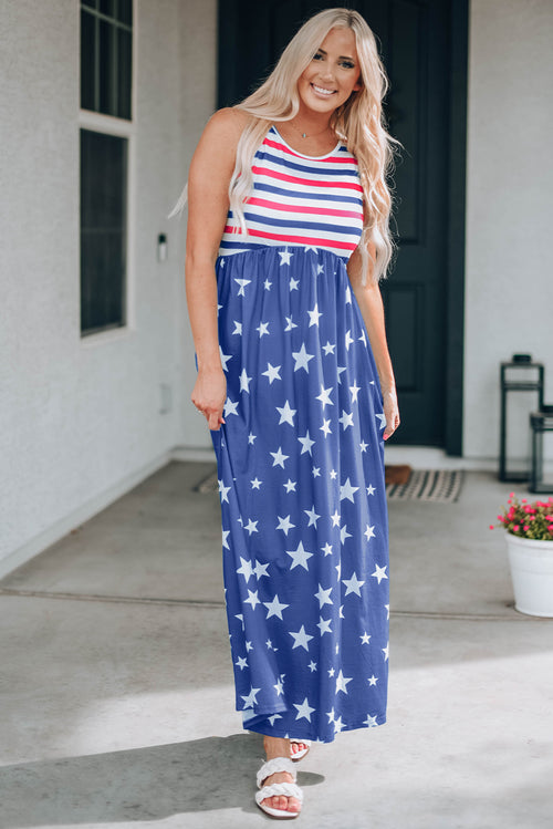 Blue Stripes and Stars Sleeveless Maxi Dress with Pockets