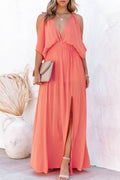 Orange Cold Shoulder Side Slit Backless Deep V Neck Maxi Dress
