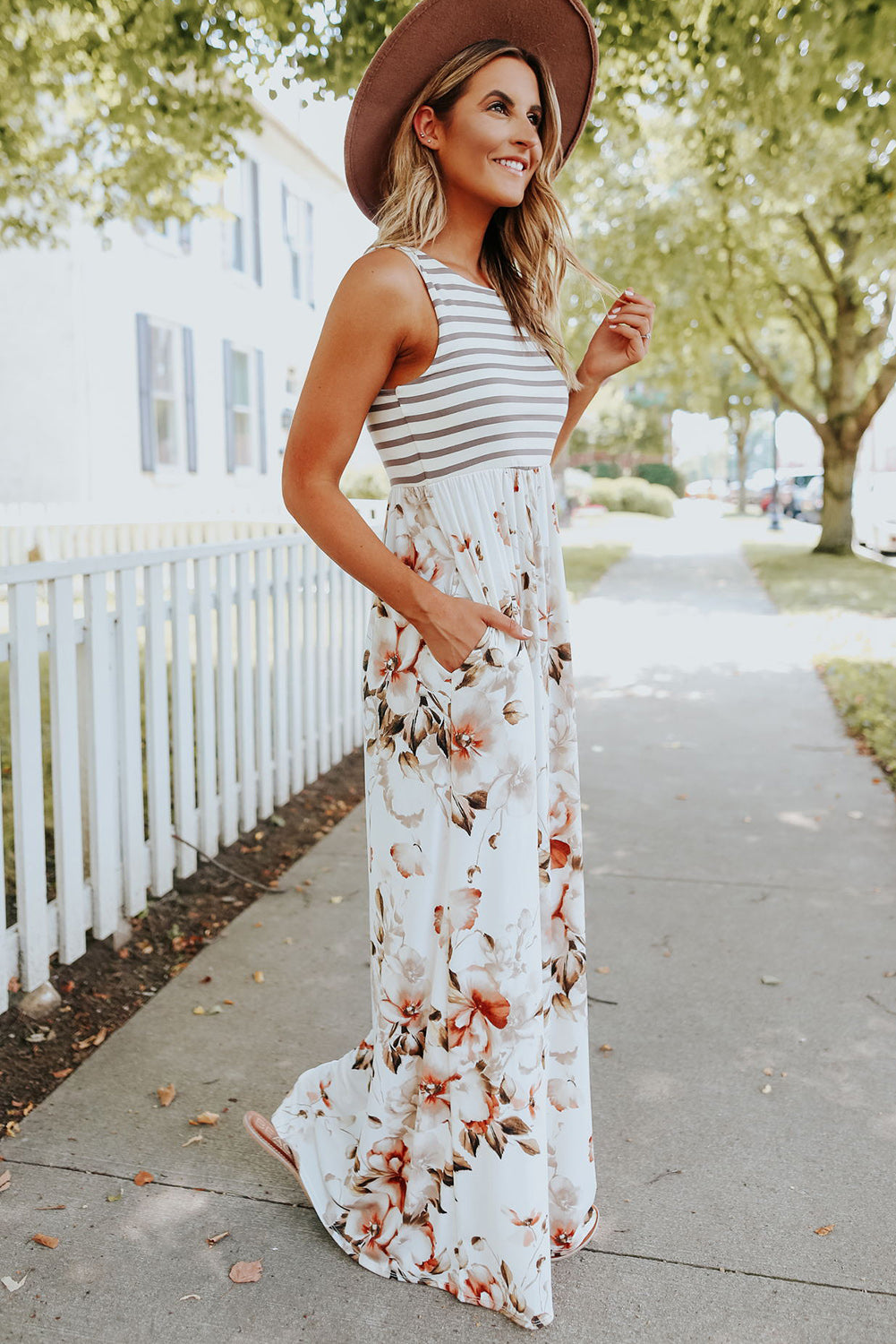 White Striped Floral Print Sleeveless Maxi Dress with Pocket