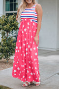 Blue Stripes and Stars Sleeveless Maxi Dress with Pockets