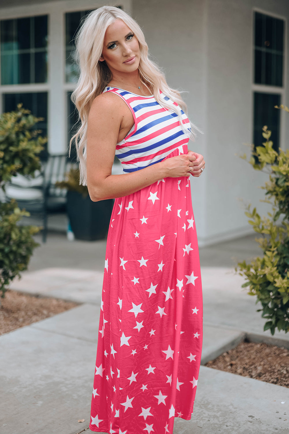 Red Stripes and Stars Sleeveless Maxi Dress with Pockets