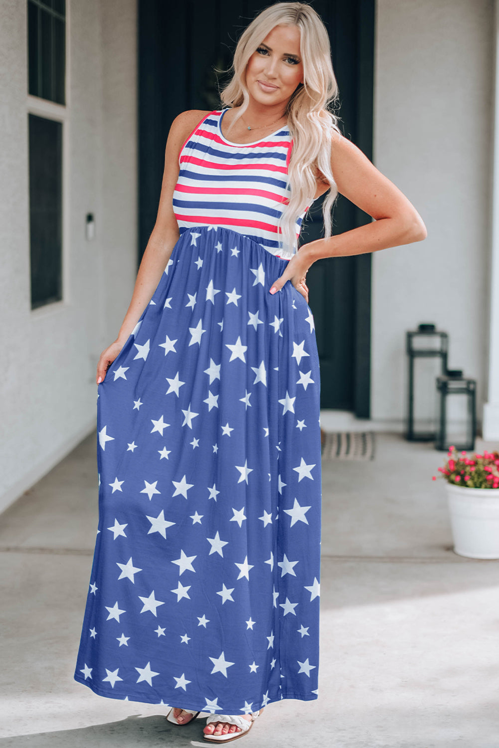 Blue Stripes and Stars Sleeveless Maxi Dress with Pockets