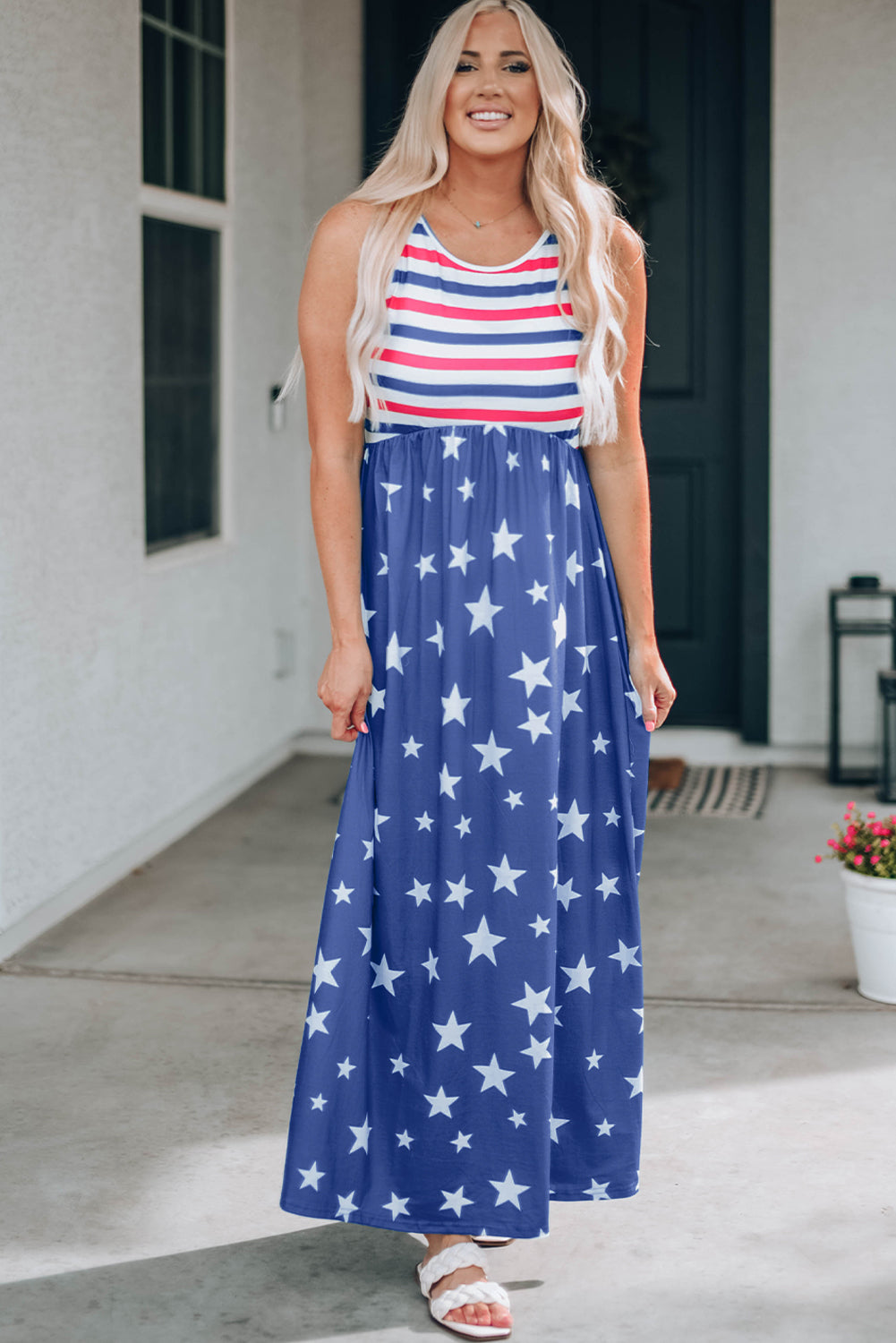 Blue Stripes and Stars Sleeveless Maxi Dress with Pockets