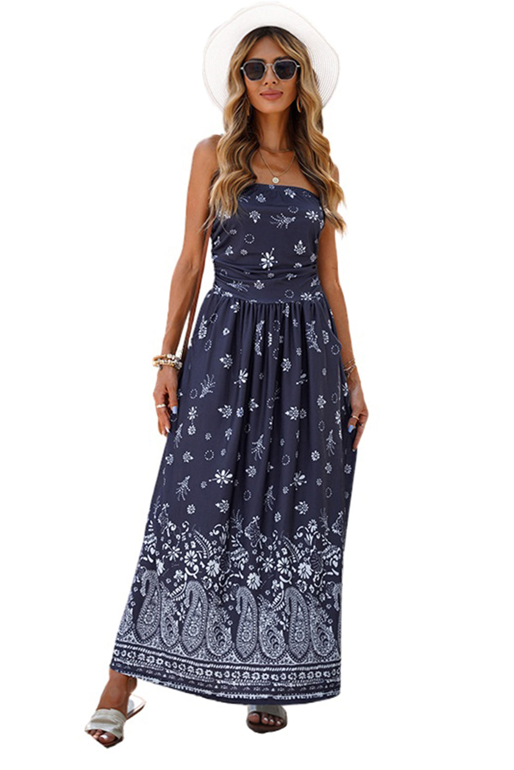 Blue Bohemian Bandeau Floral Print Maxi Dress
